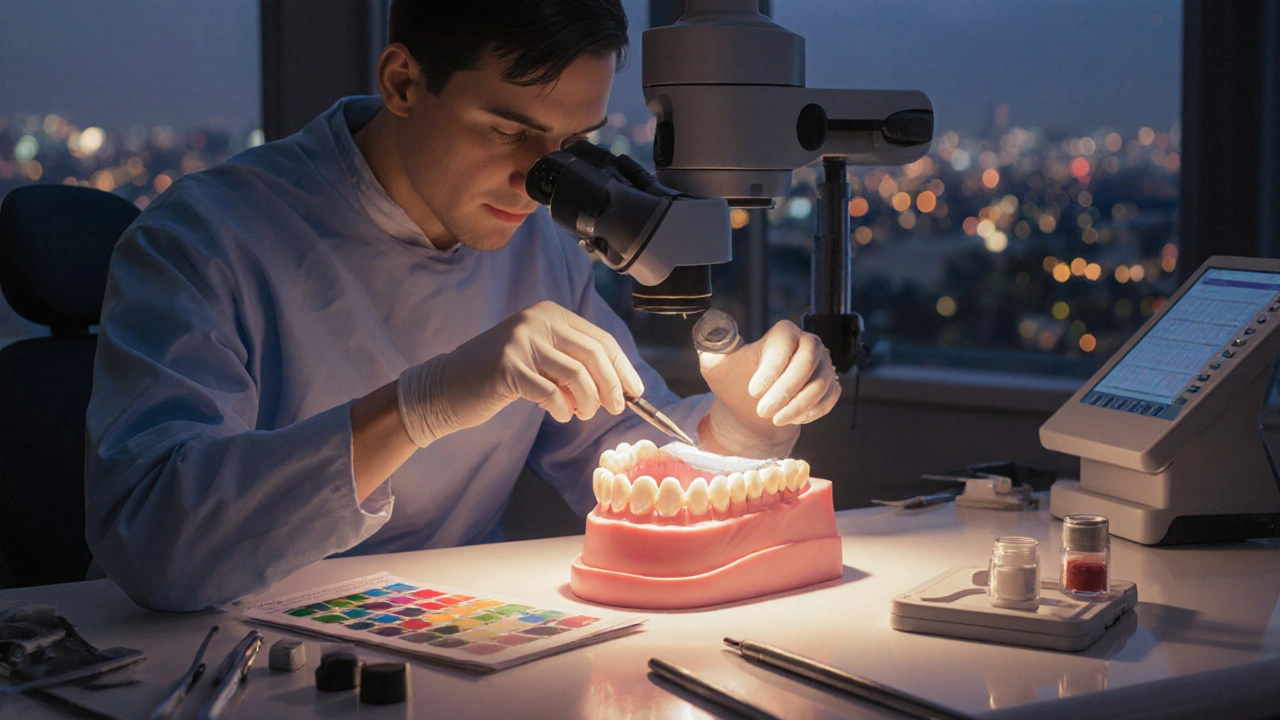 Technik v zubní laboratoři vyrábí zirkoniový můstek s přesným barevným přizpůsobením.