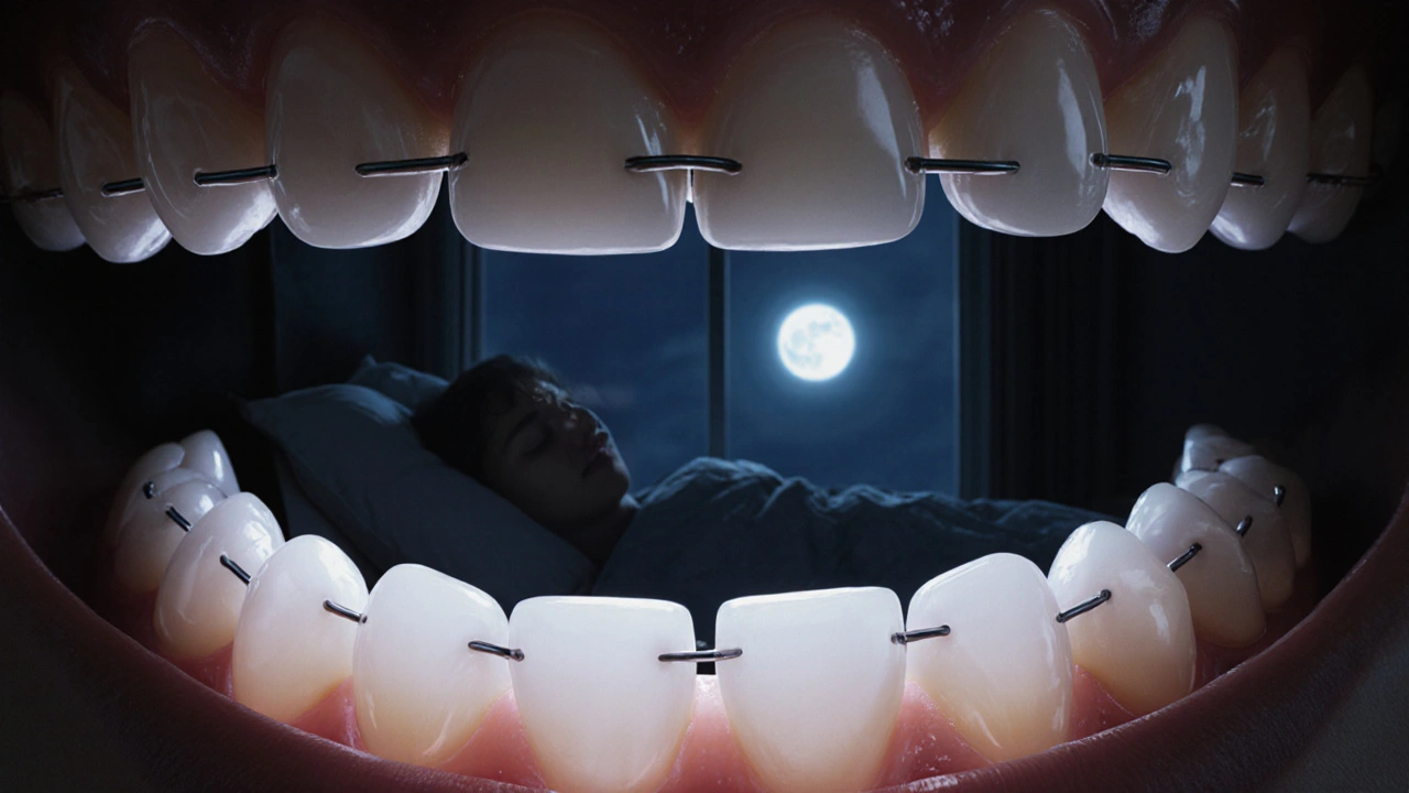 Tenký kovový držák na vnitřní straně zubů v noci, symbol trvalé péče.