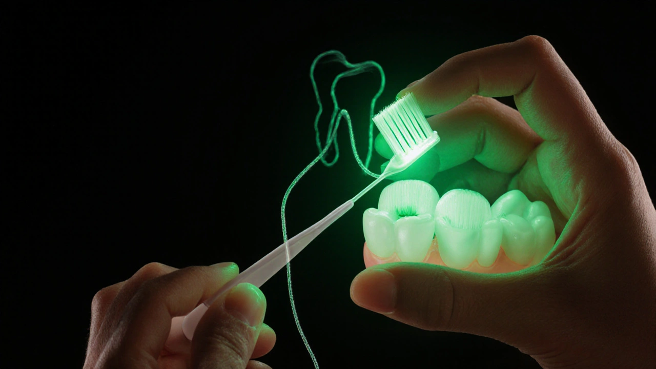 Tenký mezizubní kartáček a nit svítí zeleným světlem, symbolizující prevenci kazu.