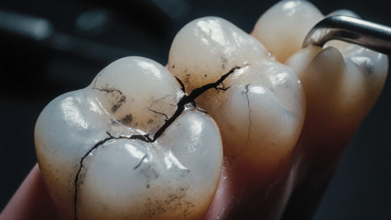 Tmavá prasklina na povrchu zubu, do které pronikají barviva z kávy a čaje