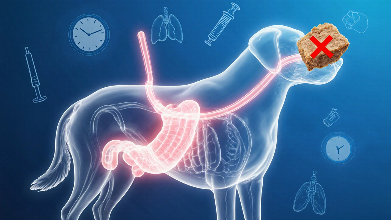 Transparentní vnitřní výřez psa s prázdným žaludkem a blokovaným rizikem aspirace.