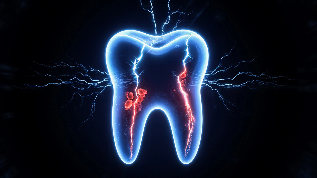 Vnitřní praskliny v zubu šířící se k nervu pod tlakem brnění