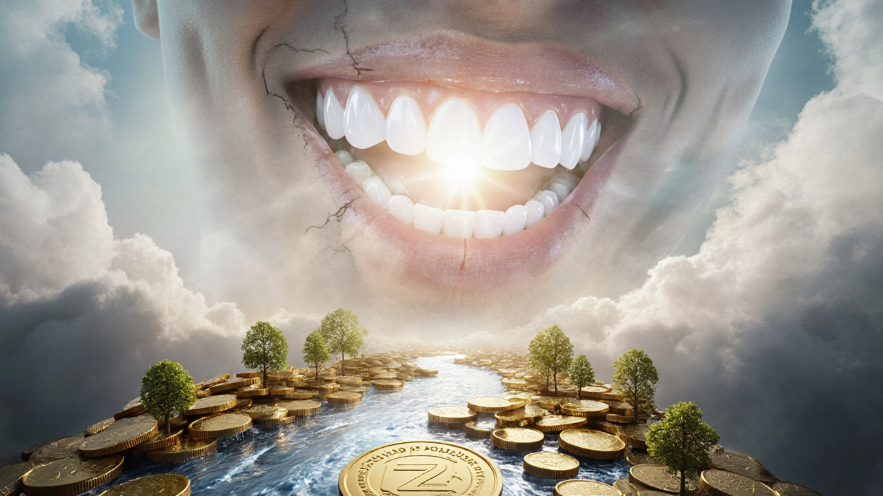 Zdravá ústa vyrostlá z kamenů a peněz jako symbol prevence.