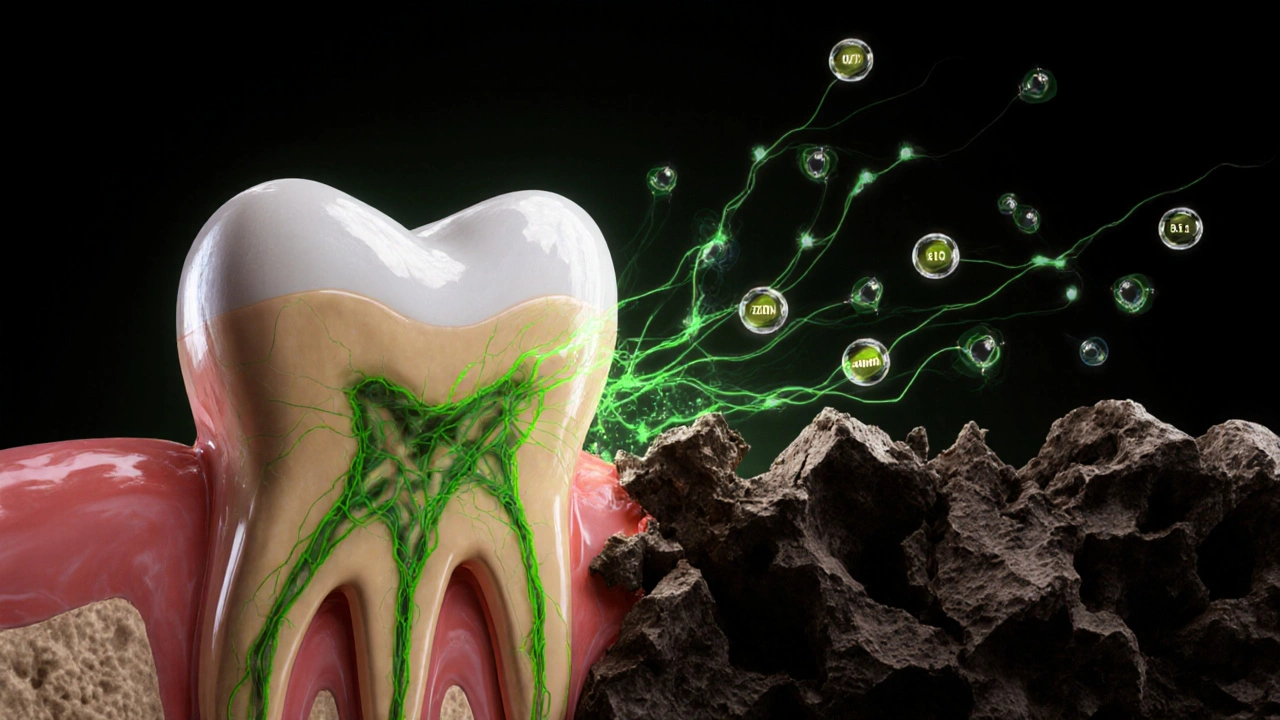 Zdravý zubní kořen v čelisti s proudy živin, kontrastující s rozpadající se kostí