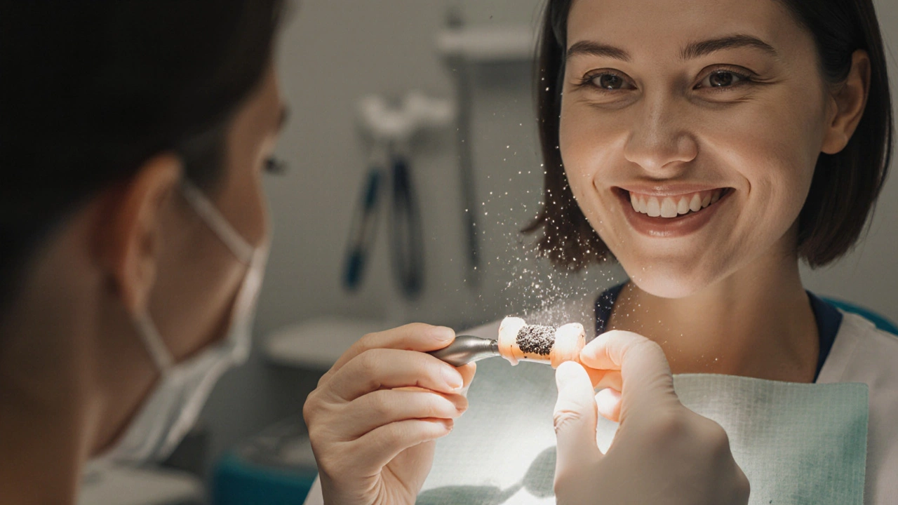 Zubní hygienistka odstraňuje černý kámen ultrazvukovým přístrojem.