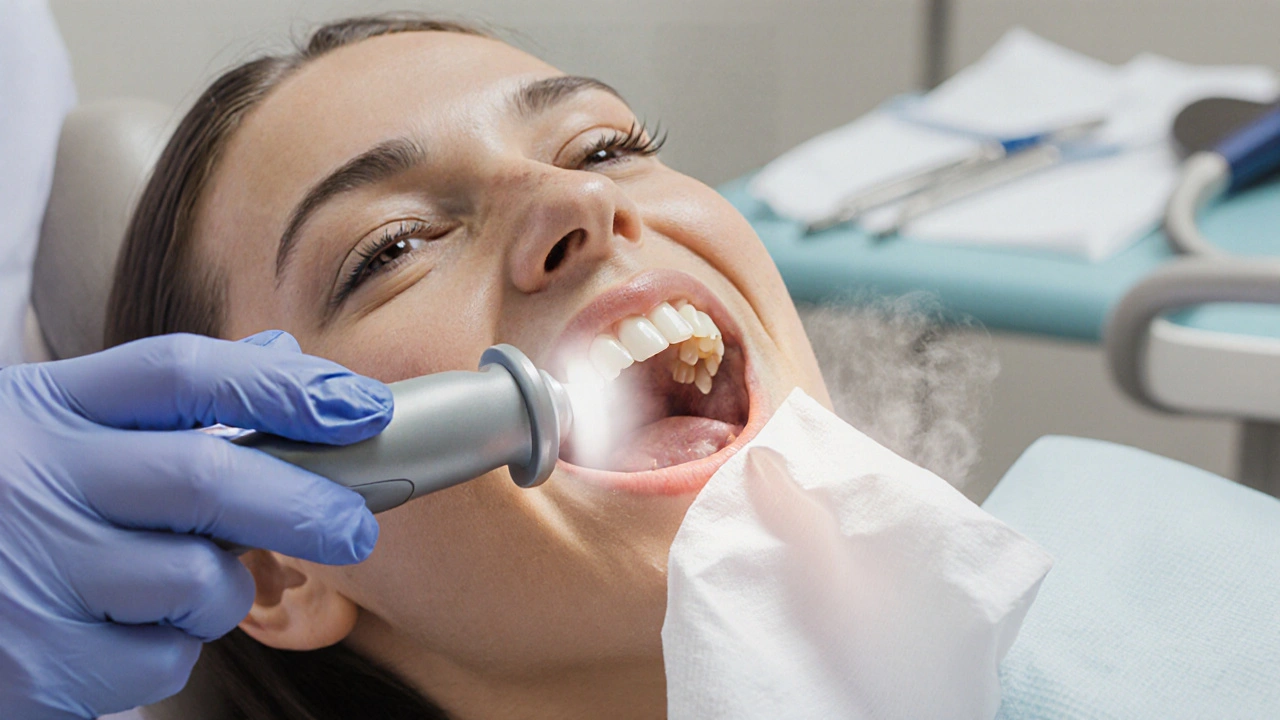 Zubní hygienistka odstraňuje kámen zpod dásní pomocí ultrazvukového nástroje v klinice.