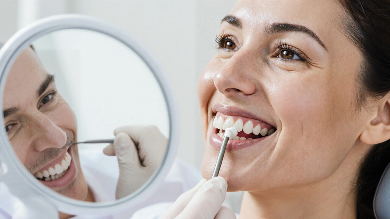 Zubní lékař opravuje přední zub kompozitní plombou v klinice.