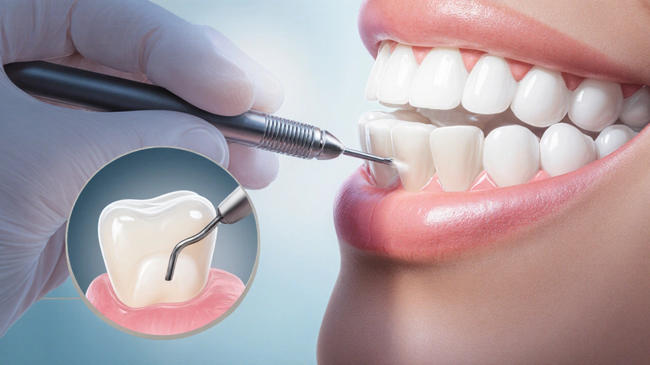 Zubní lékař připevňuje tenkou keramickou fazetu na připravený zub s minimálním odbroušením.