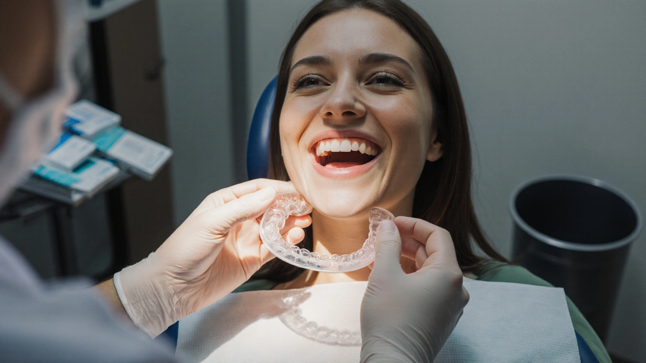 Zubní lékař připravuje individuální šablonu na bělení v klinice, domácí sady jsou v koši.