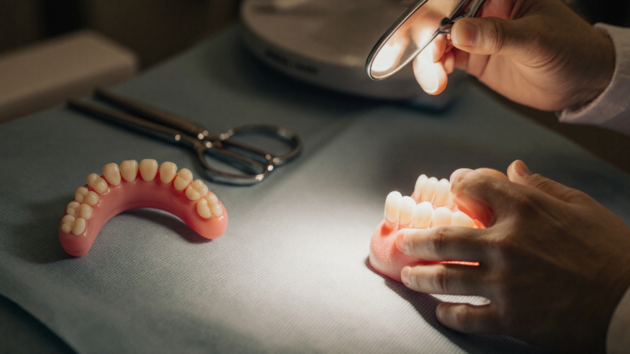 Zubní lékař prohlíží hranici fazety pomocí zrcátka, na stole leží noční štětice.