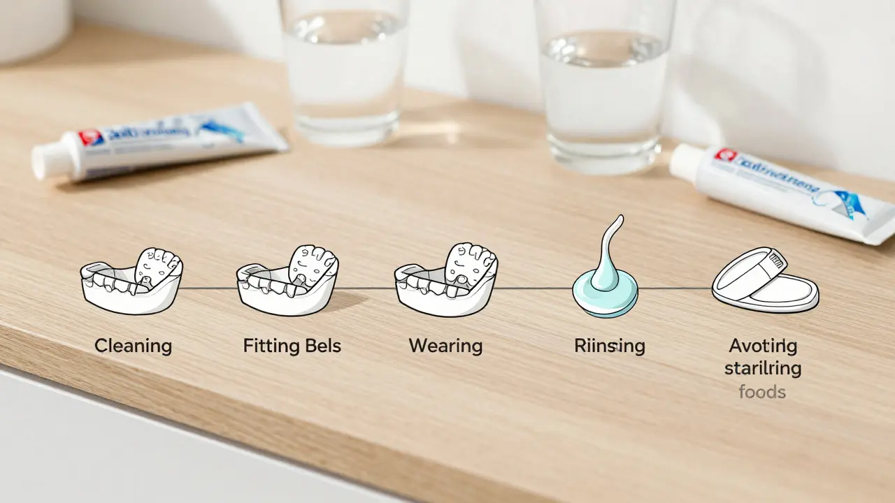 Časová osa šesti kroků bezpečného bělení zubů doma.