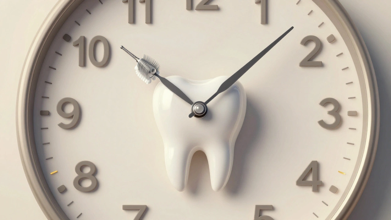 Clock with dental tools forming hands, transforming into a perfect tooth.