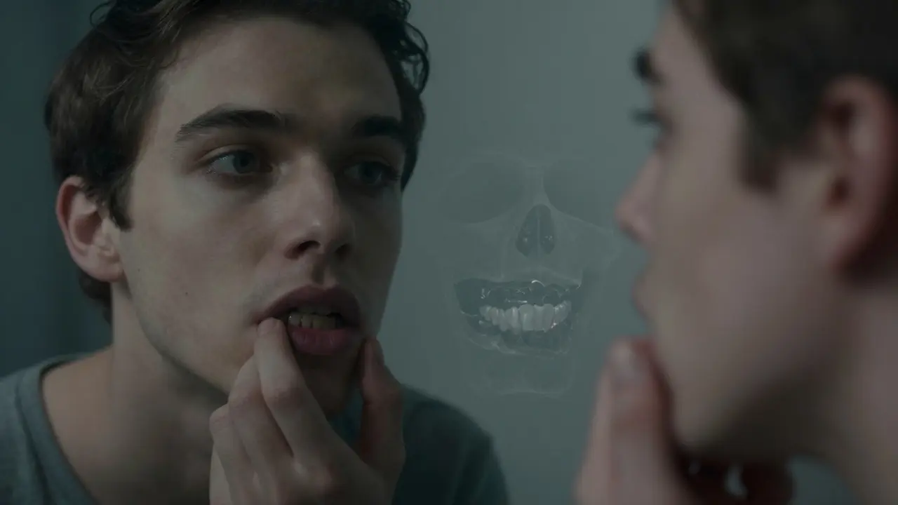 Člověk se dívá do zrcadla, kde je v odrazu vidět skryté poškození zubů.