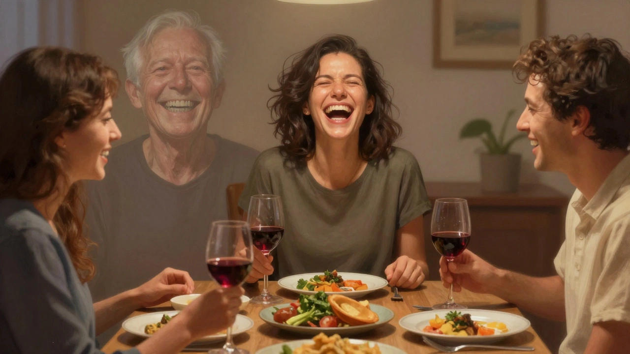 Člověk se směje na večeři s přáteli, náhradní zuby vypadají přirozeně, atmosféra je teplá a radostná.