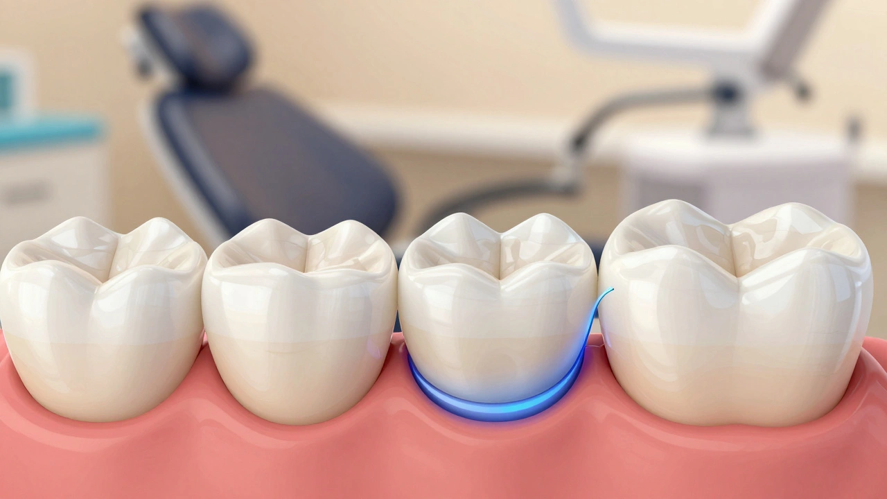 Cross-section of a tooth with layered white filling cured by blue light.