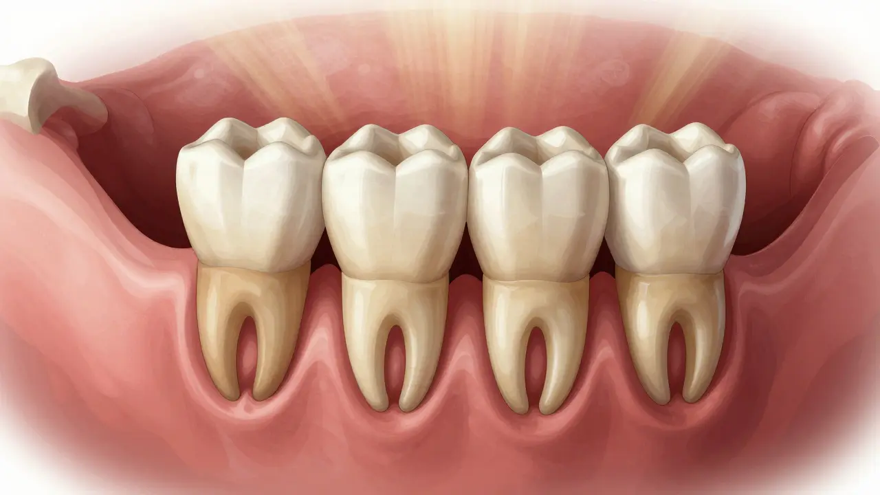Cross-section of jawbone with wisdom teeth partially erupted beneath gums.