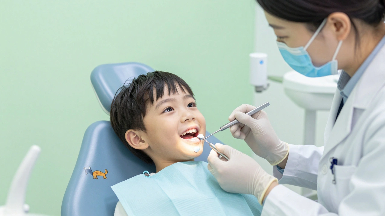 Dětský zubní lékař aplikuje fluoridový lak během pravidelné prohlídky.