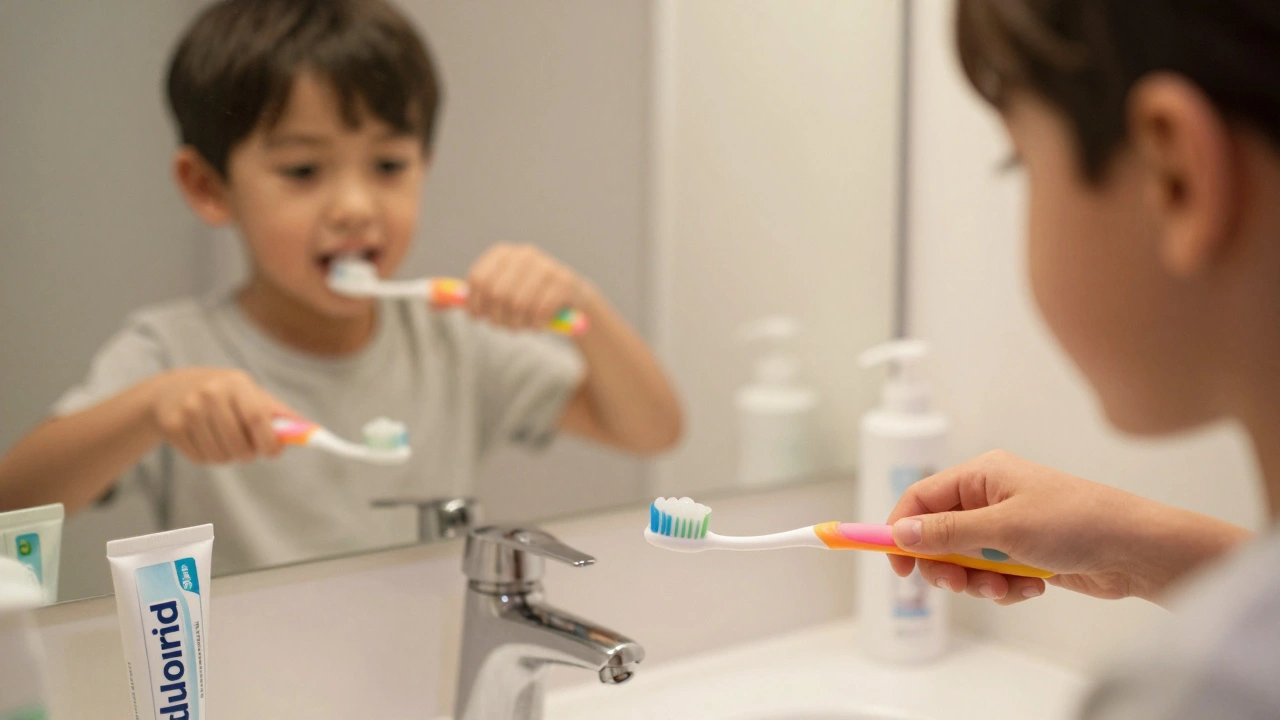 Dítě a rodič společně čistí zuby s fluoridovou pastou a časovačem.