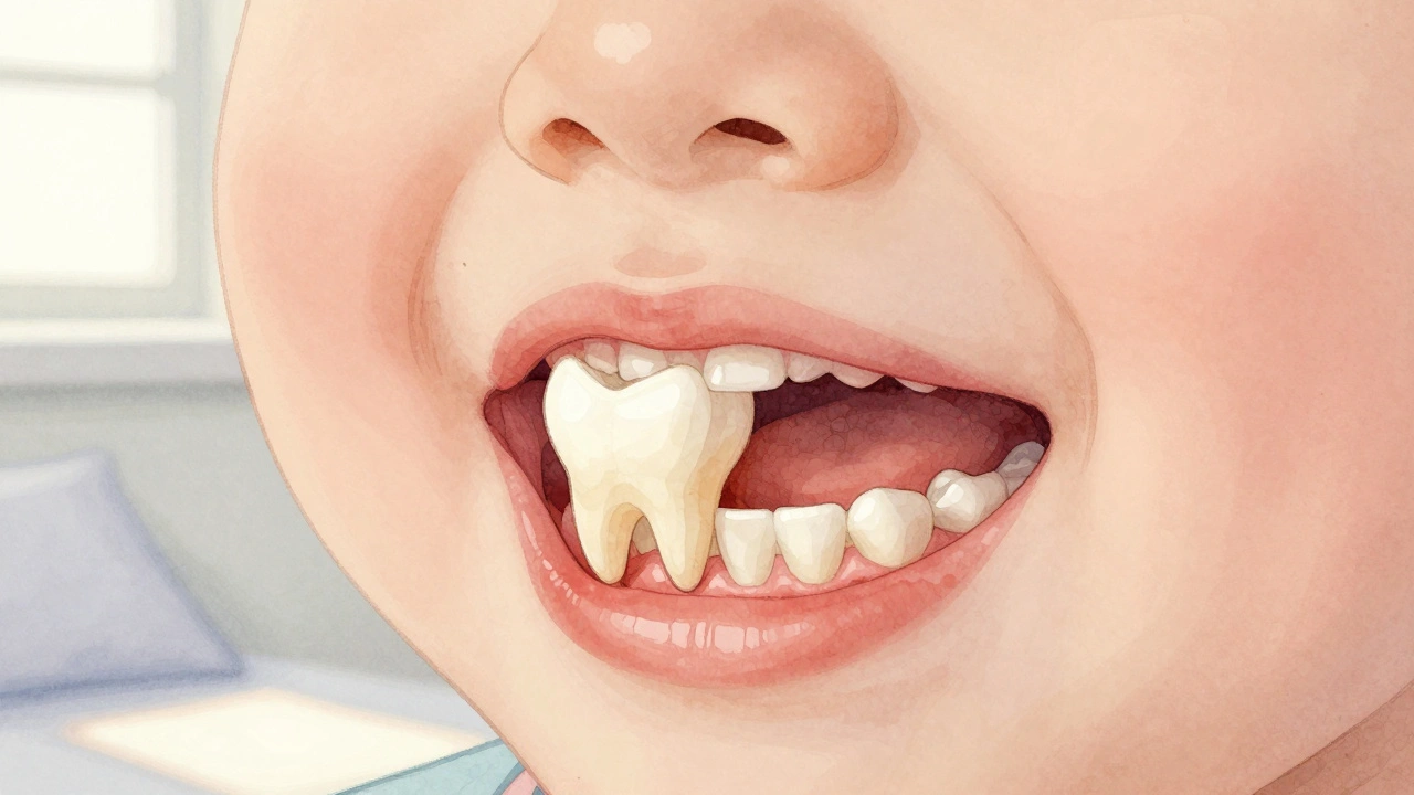 Dítě ve věku 7 let s vyrůstajícím trvalým zubem vedle mléčného