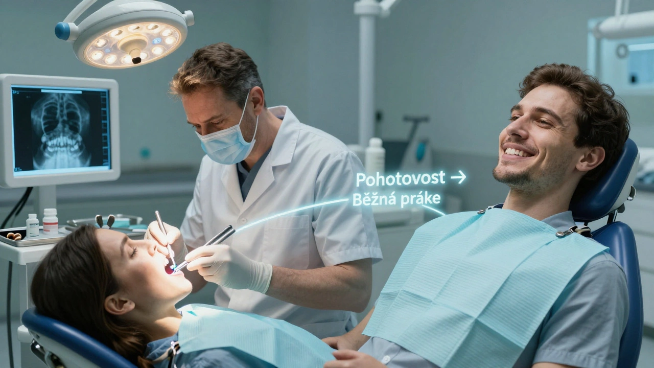 Dvě scény spojené cestou: nouzová péče vpravo a trvalé řešení vlevo.