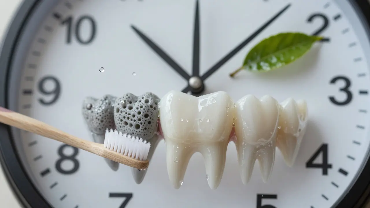 Hodiny ukazují 2 hodiny po bělení, kolem nich plavou kapičky vody a list zeleného čaje.