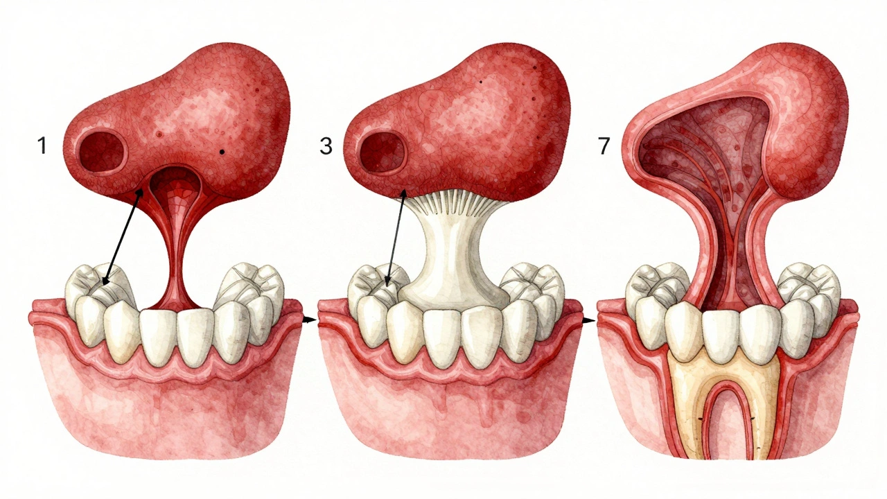 Ilustrace hojení dásně ve třech fázích: krevní sraženina, nová tkáň a uzavření rány.