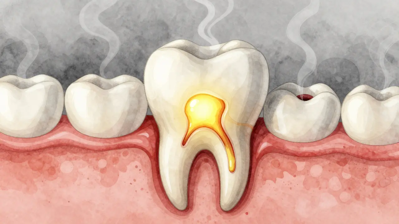 Infected tooth with pus draining out, protected by a sterile barrier.