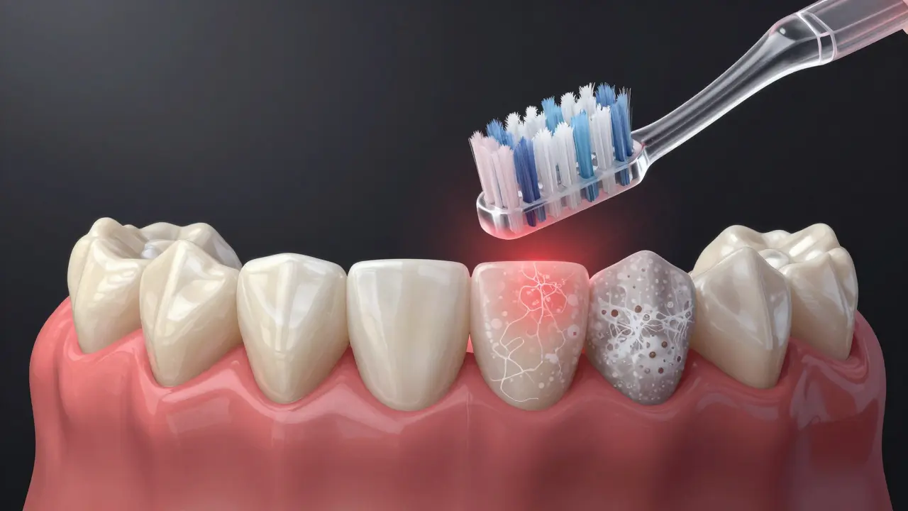 Konzepční obrázek zubů s keramickými rovnátky: zdravá strana vs. poškozená s bílými skvrnami.