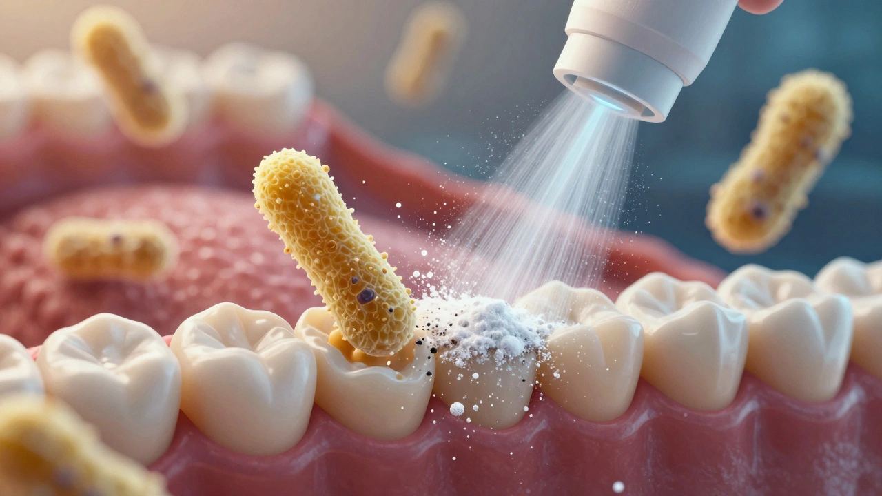 Mikroskopický pohled na odstranění bakteriálního náletu jemným proudem částic sodíku bikarbonátu.