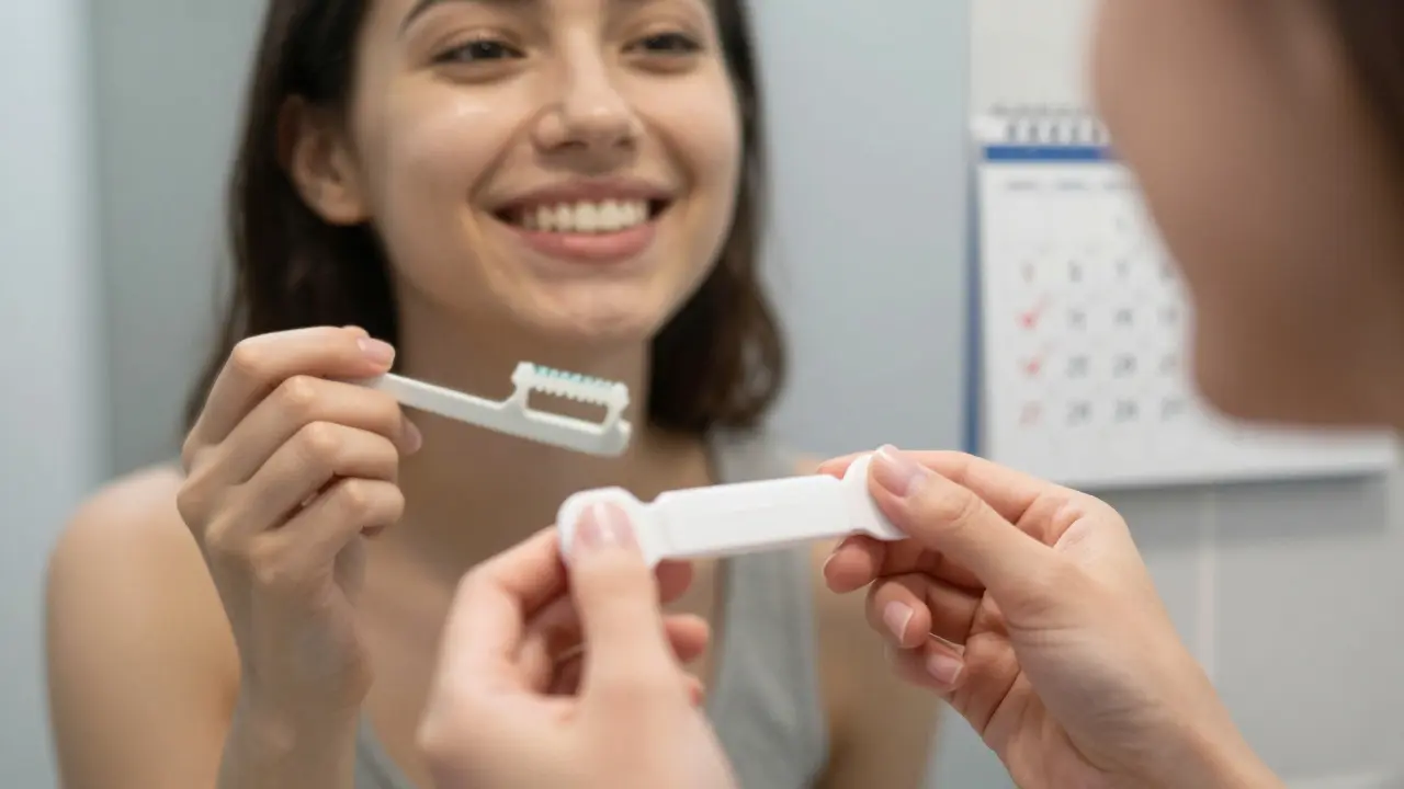 Osoba se širokým úsměvem v zrcadle po bělení zubů, drží šablonu s gelem.