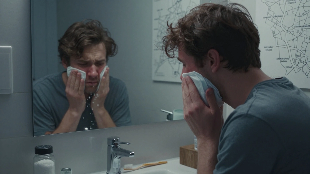 Osoba si chladí otok tváře solným roztokem v kuchyni večer.