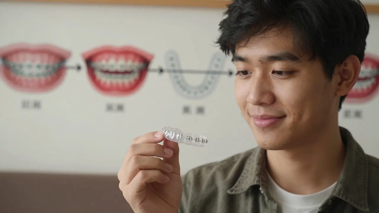 Pacient drží retenci po odstranění rovnátek s úsměvem.