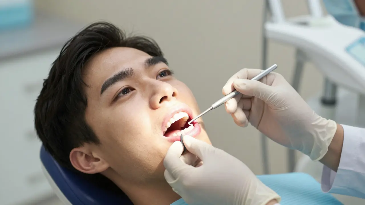 Pacient s červenými dásněmi a bělícími přípravky u dentisty.