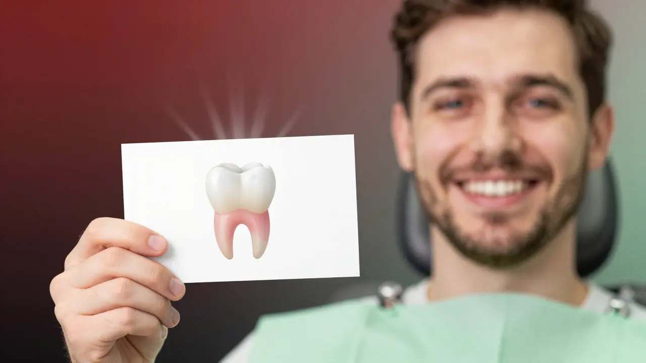 Patient smiling with translucent image of healed tooth replacing infection.