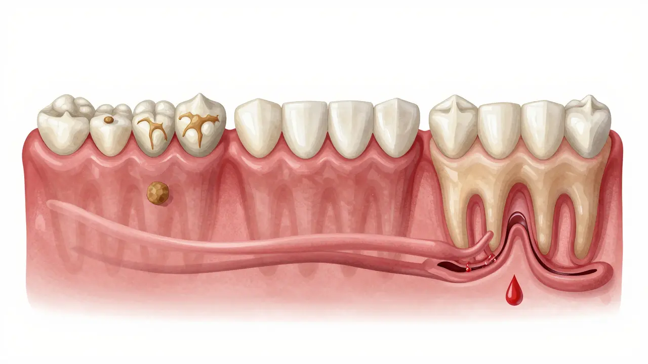 Postup vzniku zubního kamene: plak → kámen → zánět dásní → ztráta kosti.