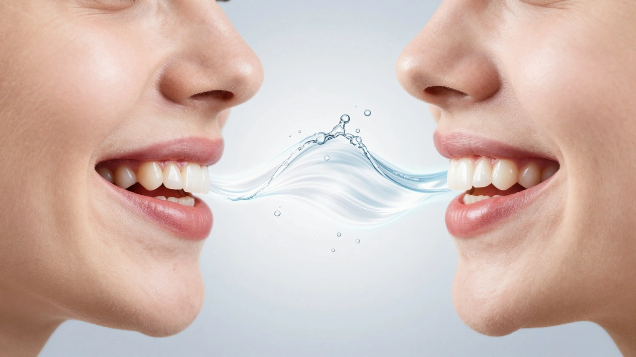 Před a po pískování: znečištěné a zánětlivé dásně na jedné straně, zdravé a lesklé zuby na druhé.