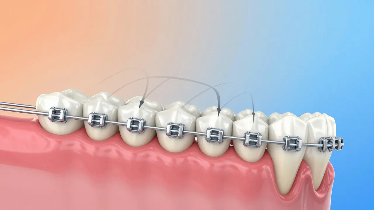 Přehled pohybu zubů pod vlivem pružiny v rovnátkách.