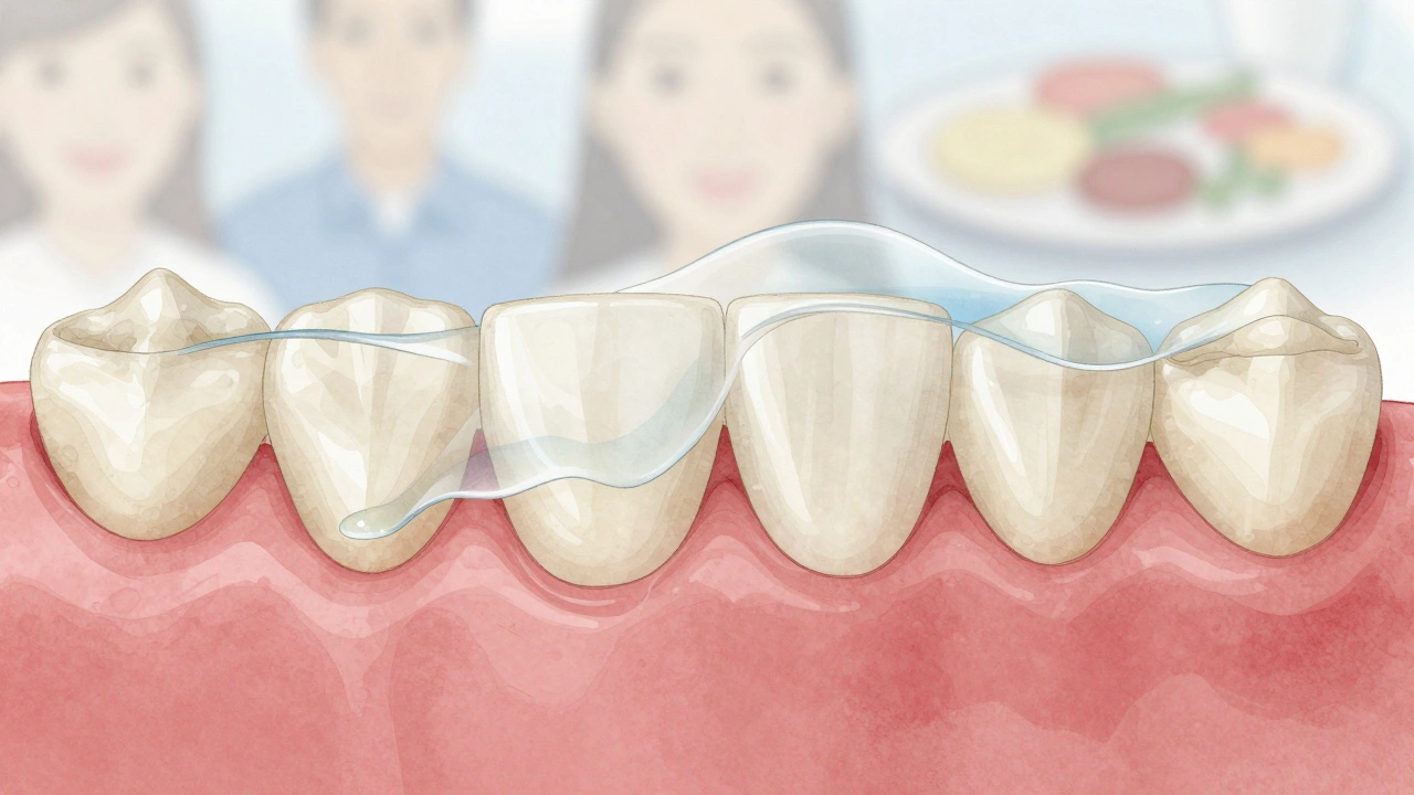 Přehledný náčrt protézy s gelovou vrstvou mezi dásními, znázorňující přilnavost.