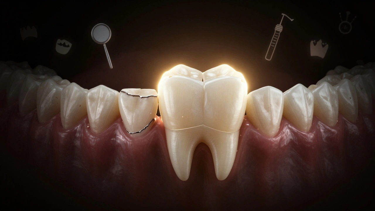 Přeměna poškozeného zubu v dokonalý úsměv prostřednictvím dentálních léčebných kroků.