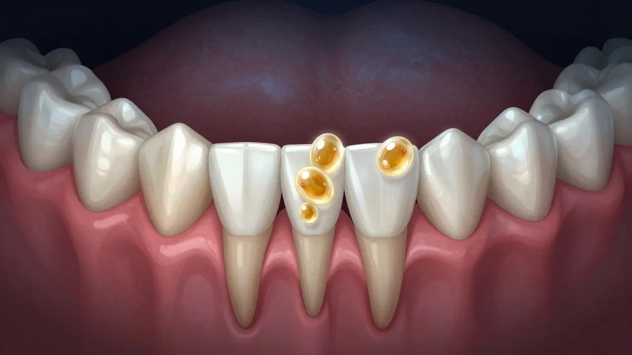 Příčný řez dolní čelisti ukazující krátké kořeny a hromadění plaku.