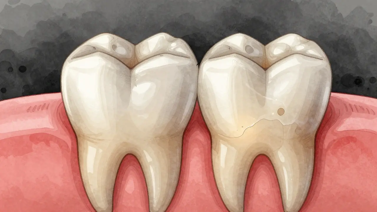 Příčný řez zubem s porovnáním zdravé a poškozené skloviny.