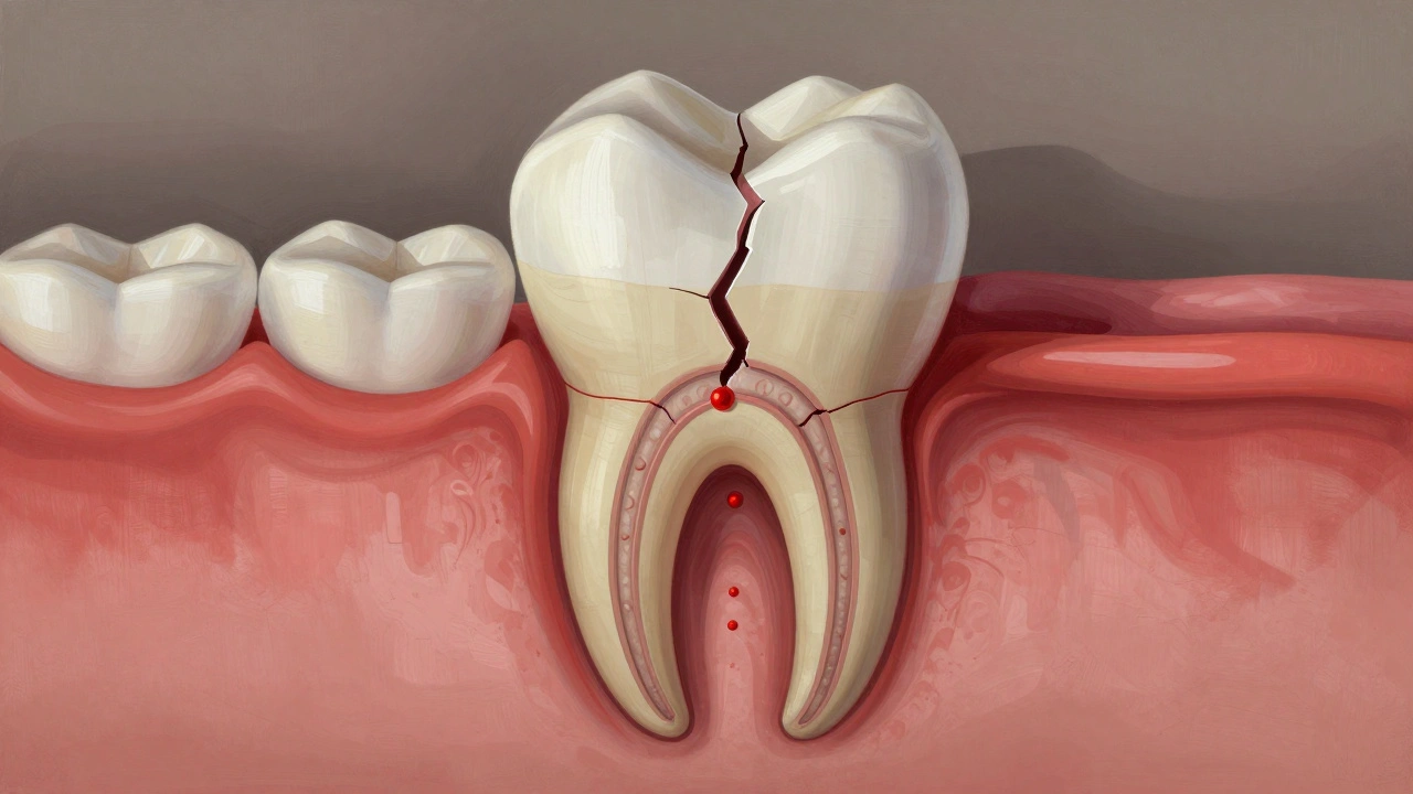 Příčný řez zubem ukazující prasklinu procházející sklovinou a dentinem k pultu.