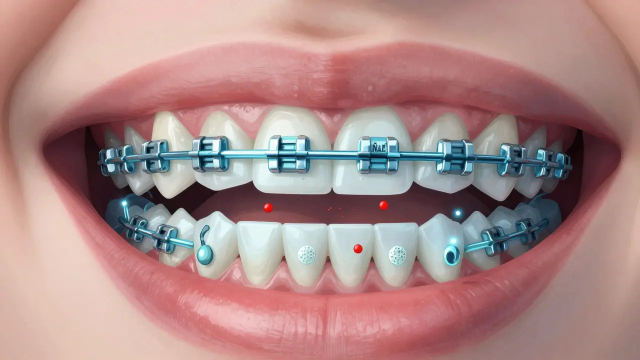 Průřez úst s ŇAF chrání zuby a implantáty před bakteriemi