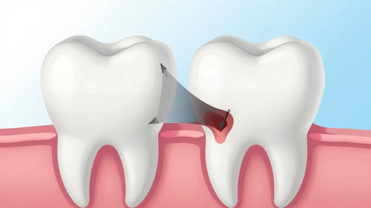 Průřez zubem s postupem karies z emalové vrstvy do dentinu, znázorněný tmavou klínovitou oblastí.