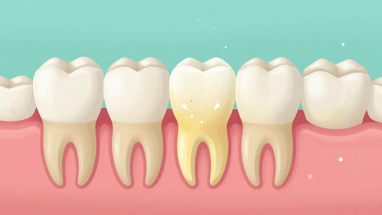 Průřez zubu s pigmenty rozkládanými peroxidem vodíku, bez abrazivních látek.