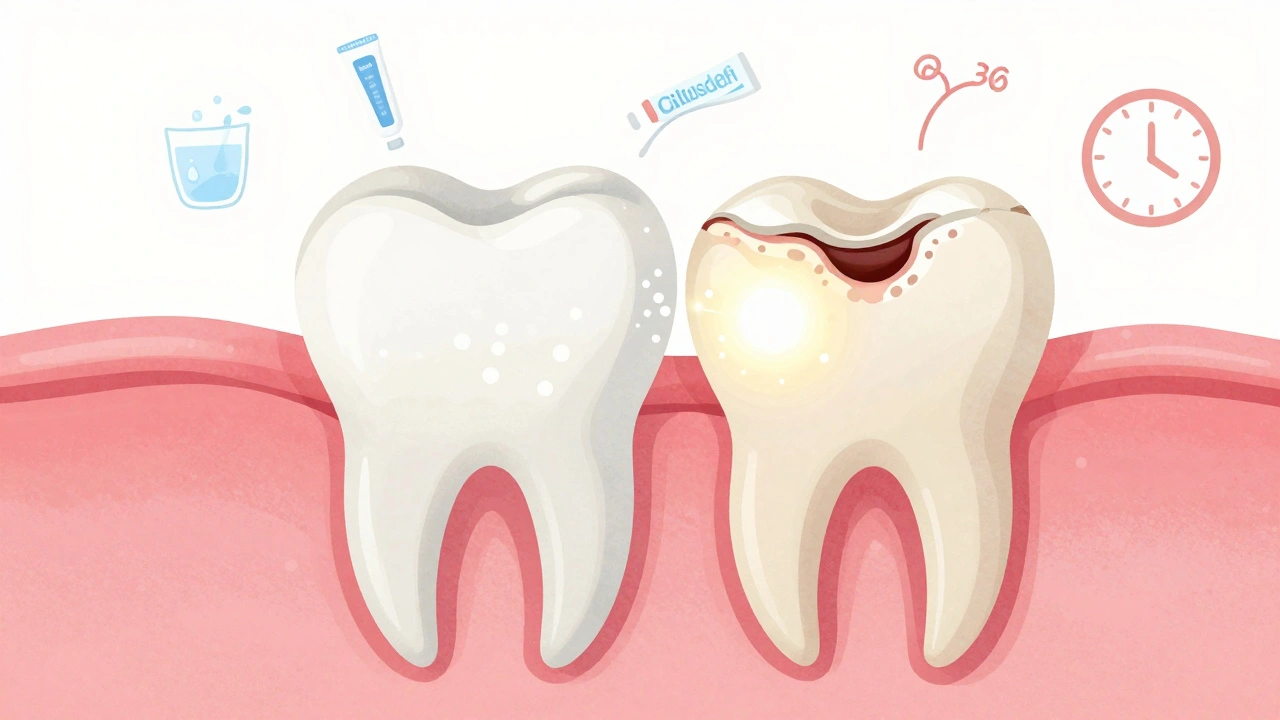 Průřez zubu ukazující obnovu sklovině fluoridem a hydroxyapatitem.