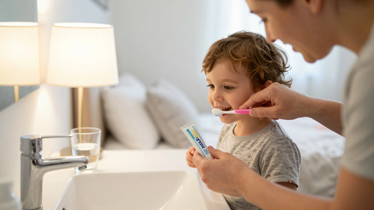Rodič čistí zoubky dítěte ve věku předškolním, bez sladkých nápojů.