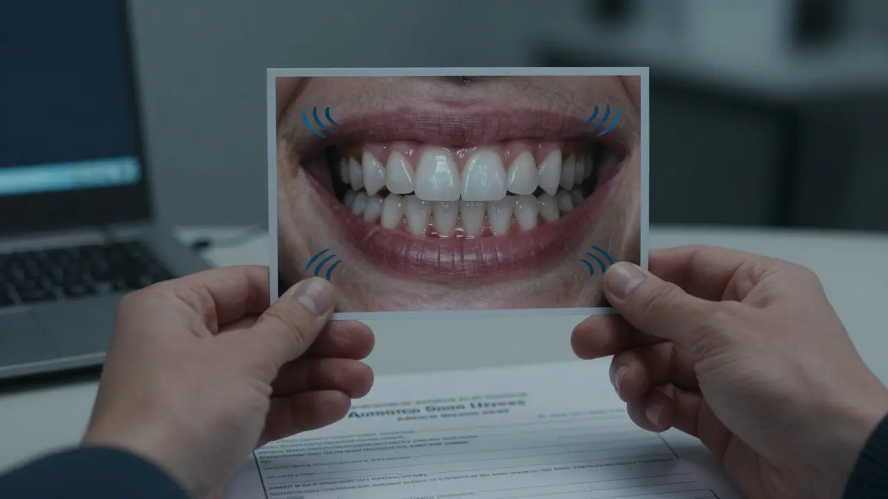 Ruce drží fotografii před a po broušení zubů, s příznaky citlivosti a časem.