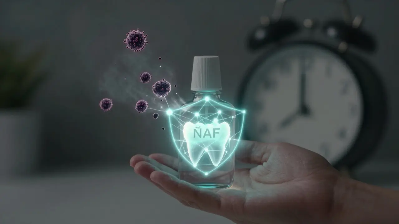 Ruka drží výplach, který vytváří světelný štít kolem zubů