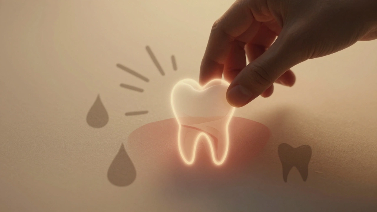 Ruka se dotýká zahojené dásně, jemně zářící kontura nové kosti pod povrchem.